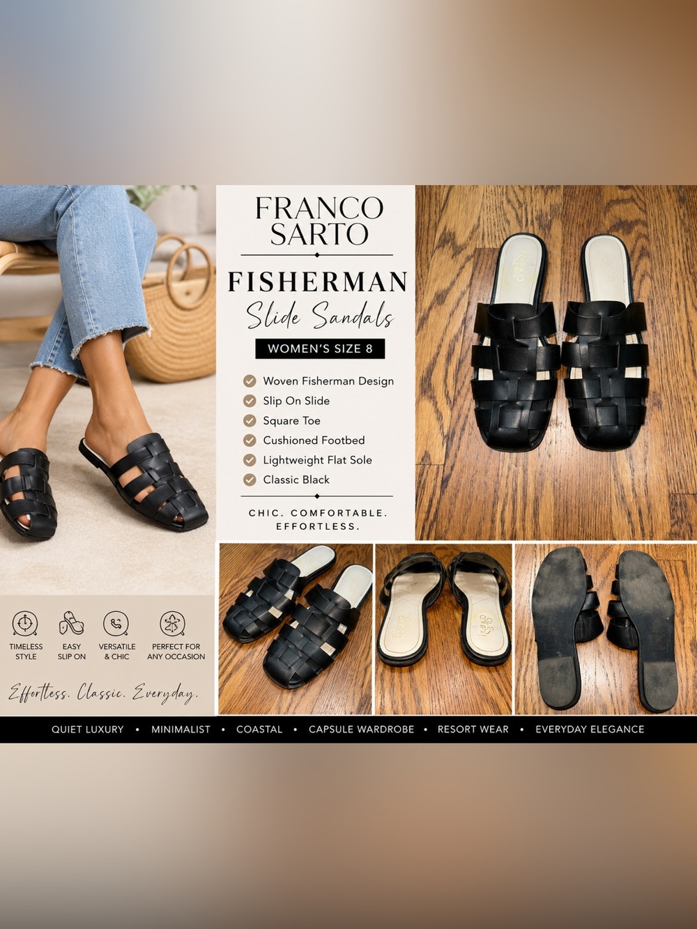 Franco Sarto Black Fisherman Slide Sandals Woven Cage Slip On Women’s Size 8